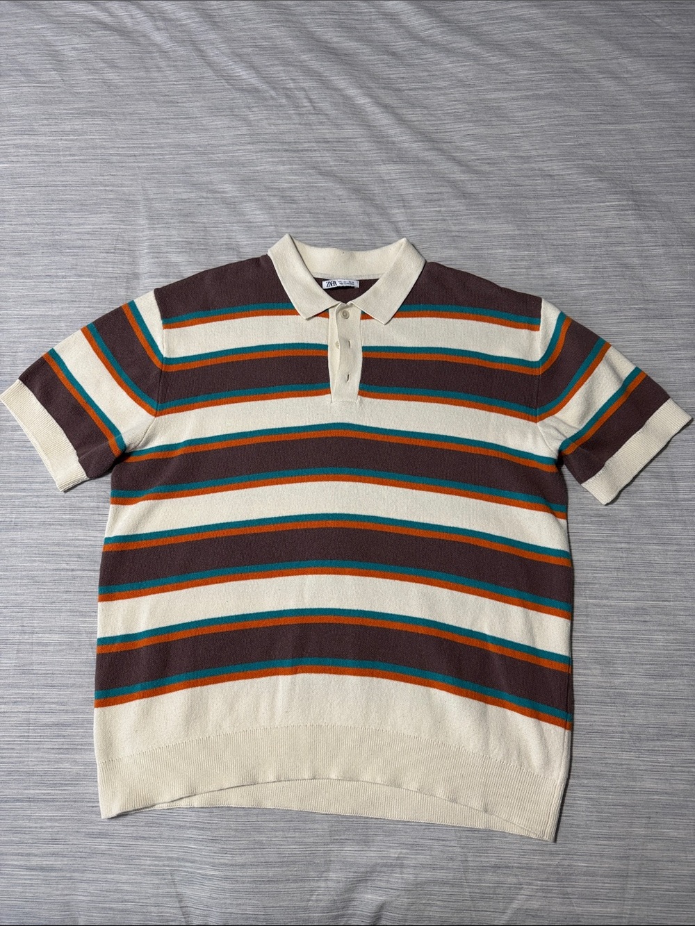 Zara Textured Striped Sweater Polo L 70s Retro Earth Tones Preppy Old Money